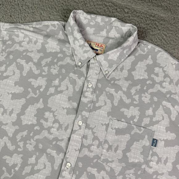 Huk Kona Shirt Mens 3XL Gray Fishing Performance Stretch Button Down Camo Print - Picture 1 of 8